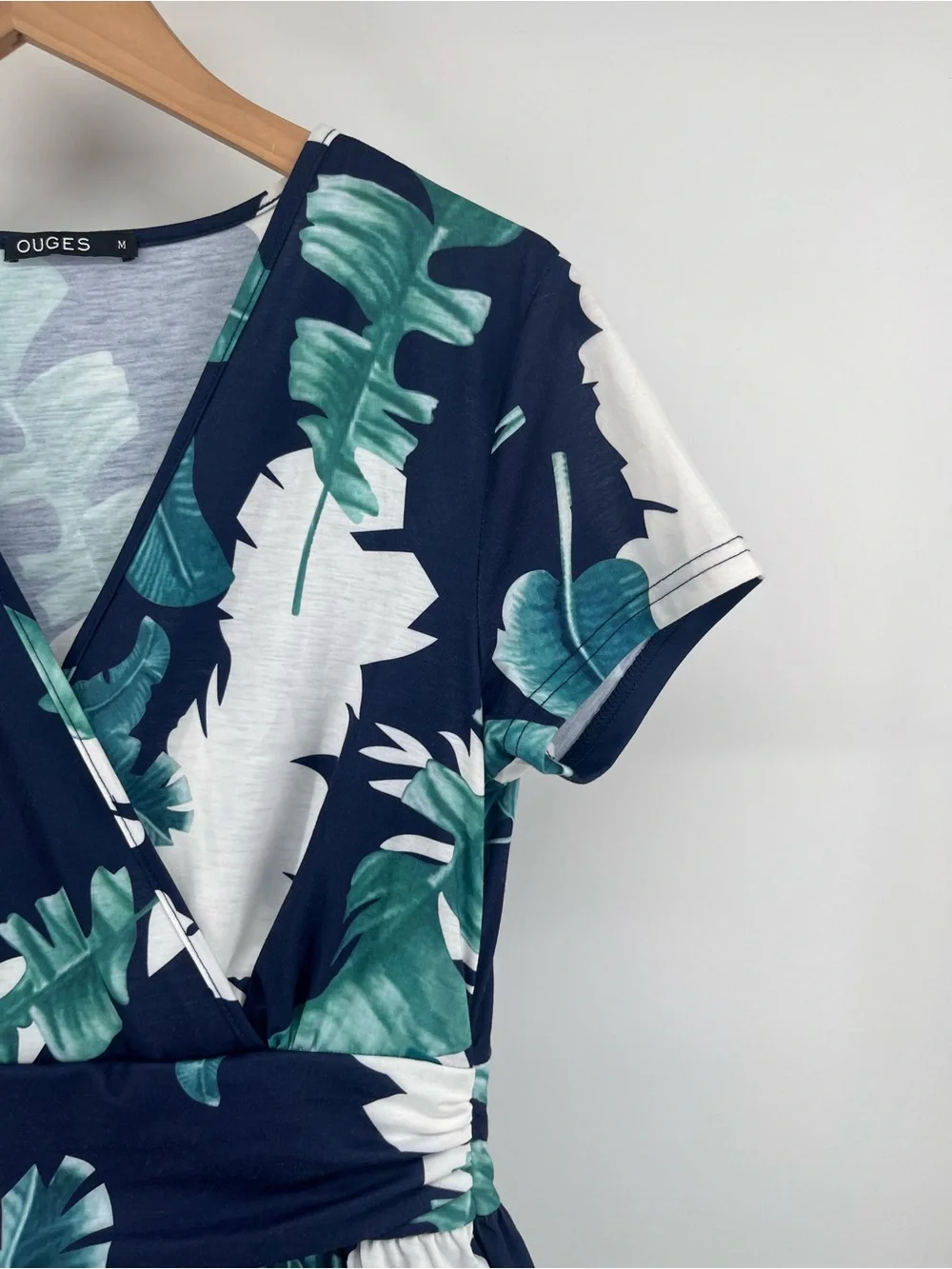 Tropical Palm Leaf Maxi Dress Medium Navy Blue White Resort Vacation Pockets - Picture 8 of 8